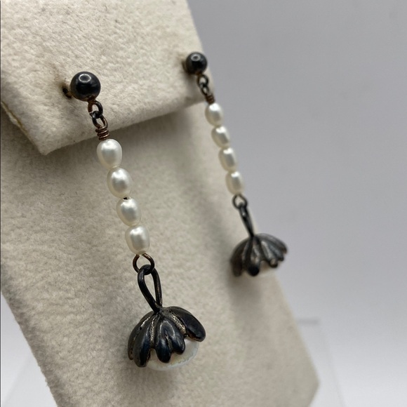 Vintage Sterling Silver 925 White Cultured Pearl Dangle Drop Earrings Pierced